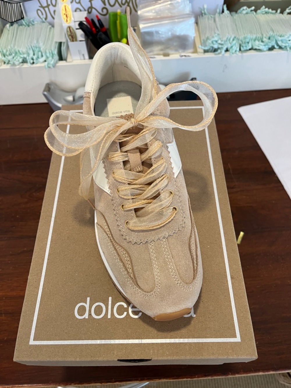 Dolce Vita Neutral Beige Suede Ribbon Lace Sneaker